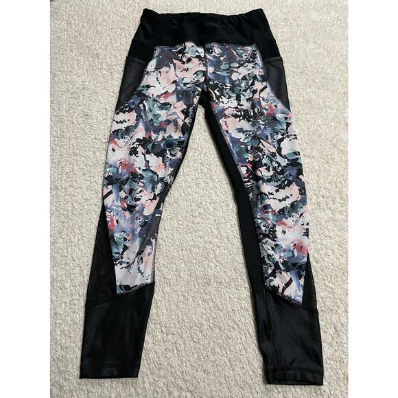 RBX Women's Size Medium Floral Sheer Mesh Panels High Rise Leggings Black - Picture 1 of 8